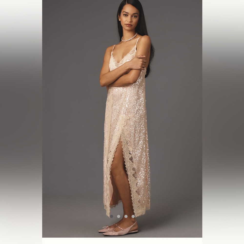 V neck lace sequin slip midi dress